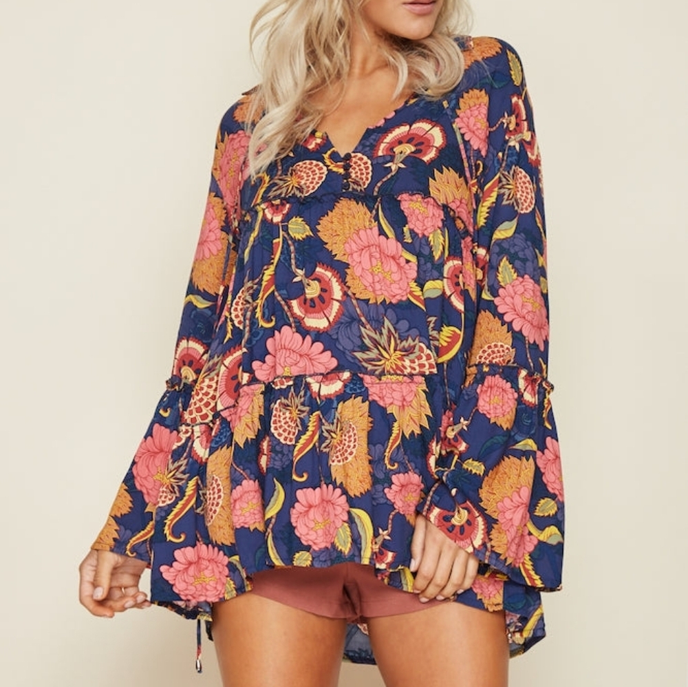 Jaase Navy & Pink Floral Collared Flare Sleeve Layered Mini Dress Tunic S